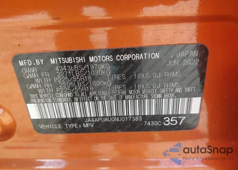 2022 Mitsubishi Outlander Sport 2.0 Be 2Wd/2.0 Es 2Wd/2.0 Le 2Wd/2.0 S 2Wd from USA, damaged, VIN JA4APUAU0NU017383